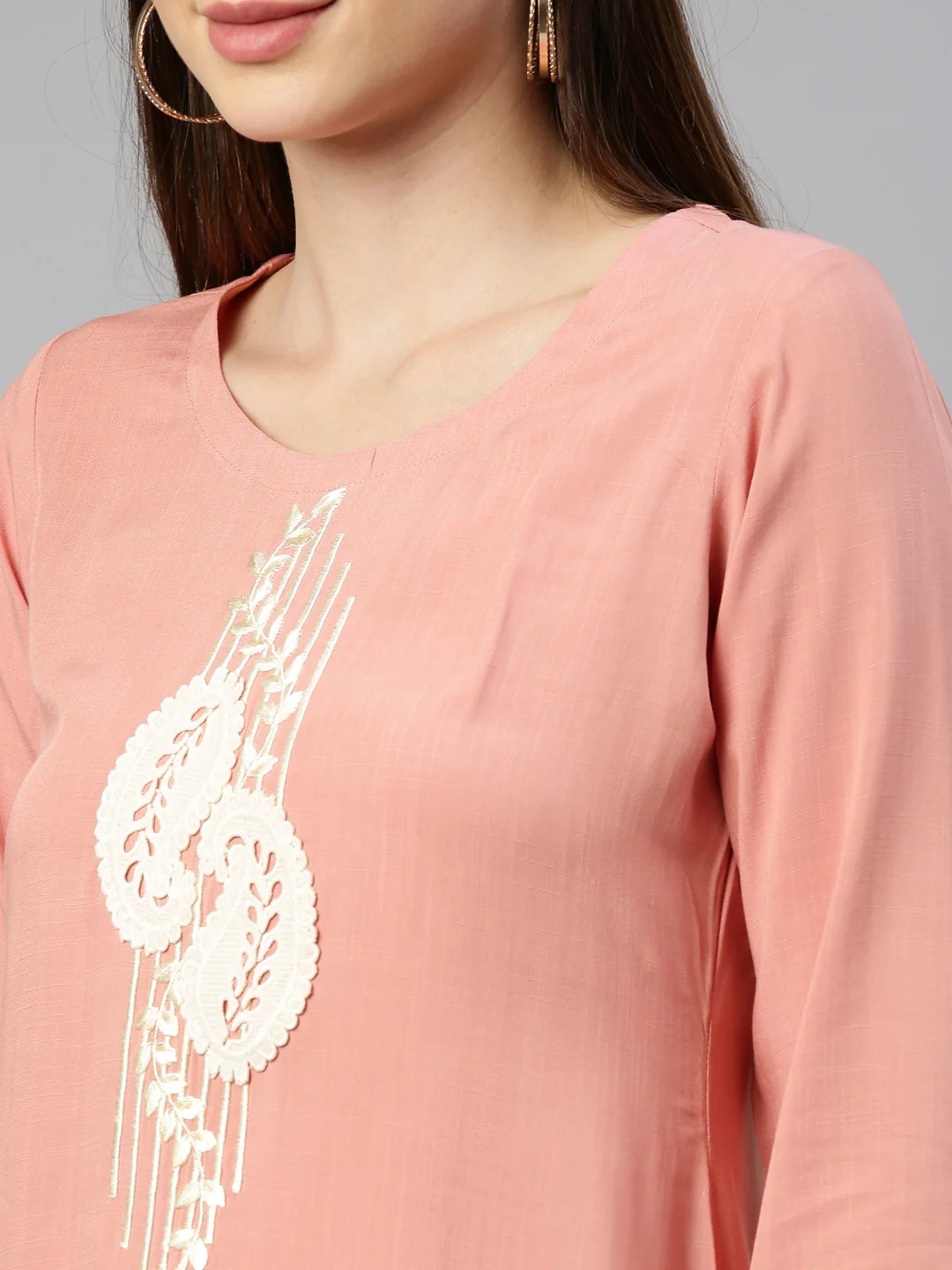 Neerus Peach Color Slub Rayon Fabric Kurta - Image 8