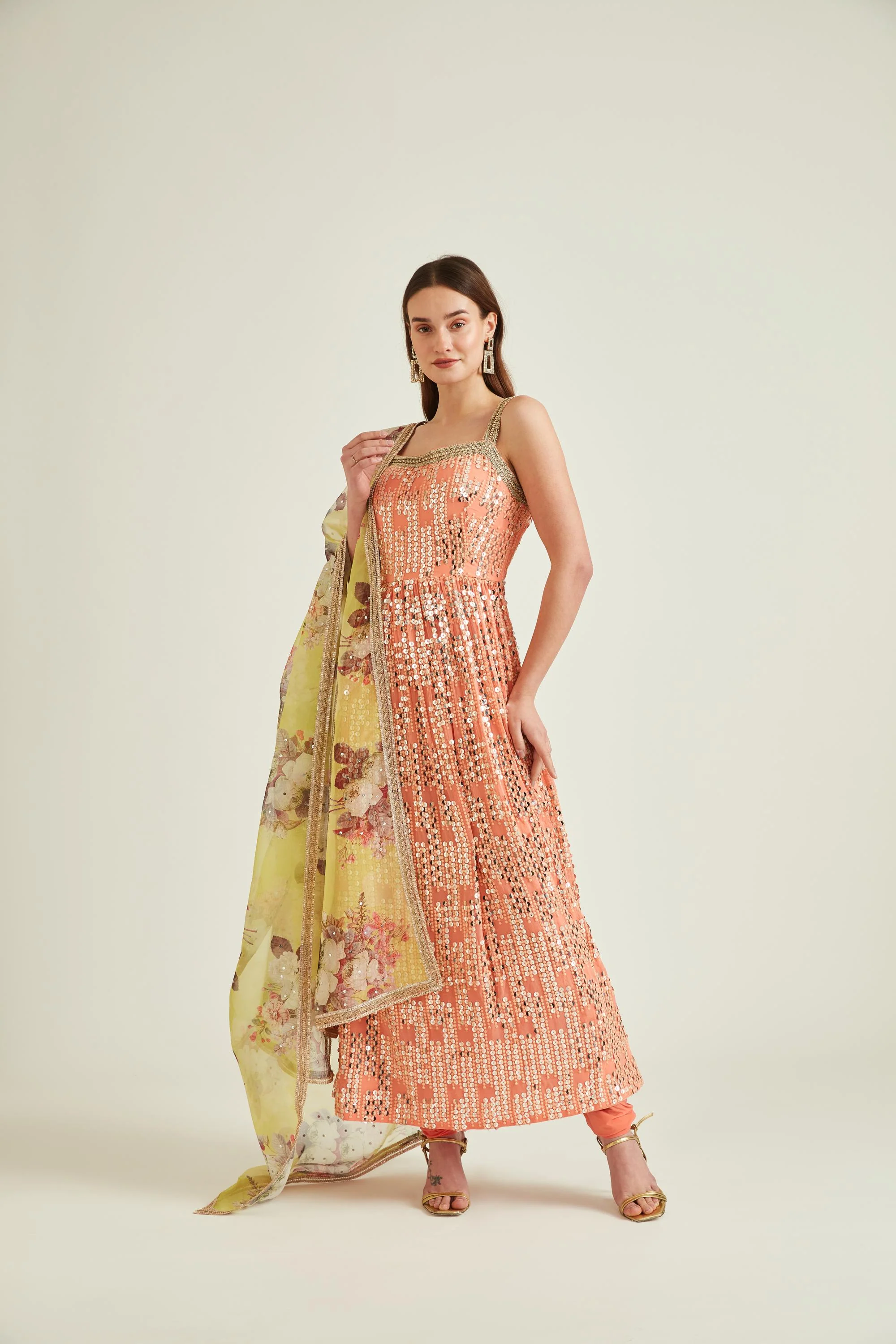 Neerus Peach Colour Georgette Fabric Suit-Anarkali