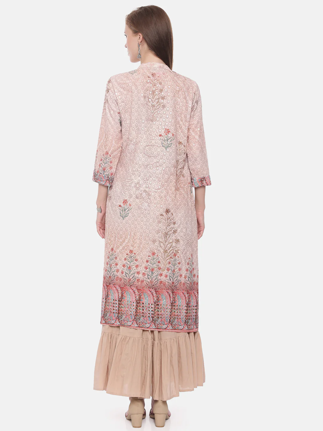 Neerus Peach Embellished A Line Kurta With Shrug - Image 5