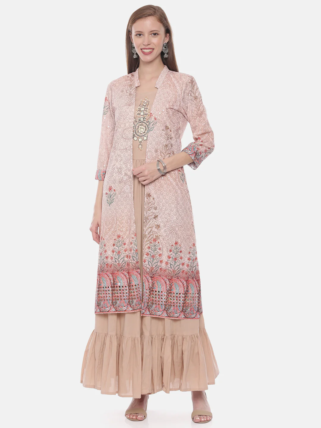 Neerus Peach Embellished A Line Kurta With Shrug - Image 6