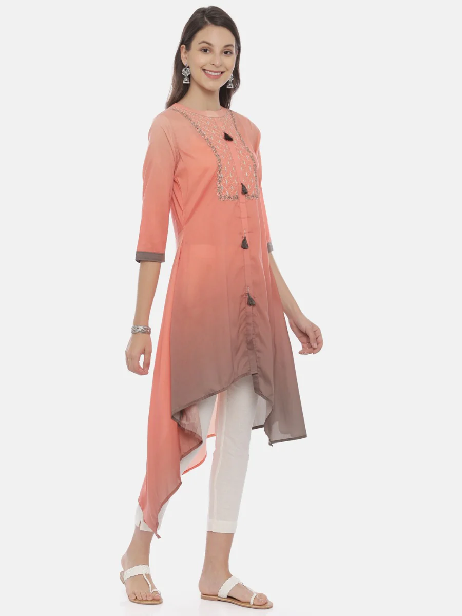 Neerus Peach Embroidered High Low Kurta - Image 4