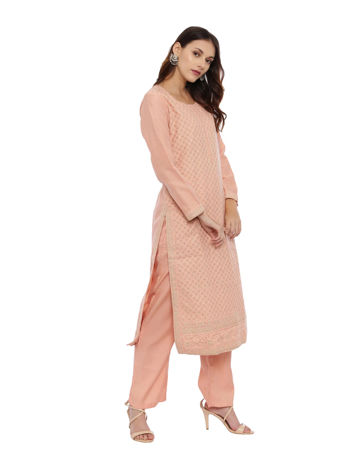 Neerus Peach Embroidered Kurta With Palazzo & Dupatta - Image 3
