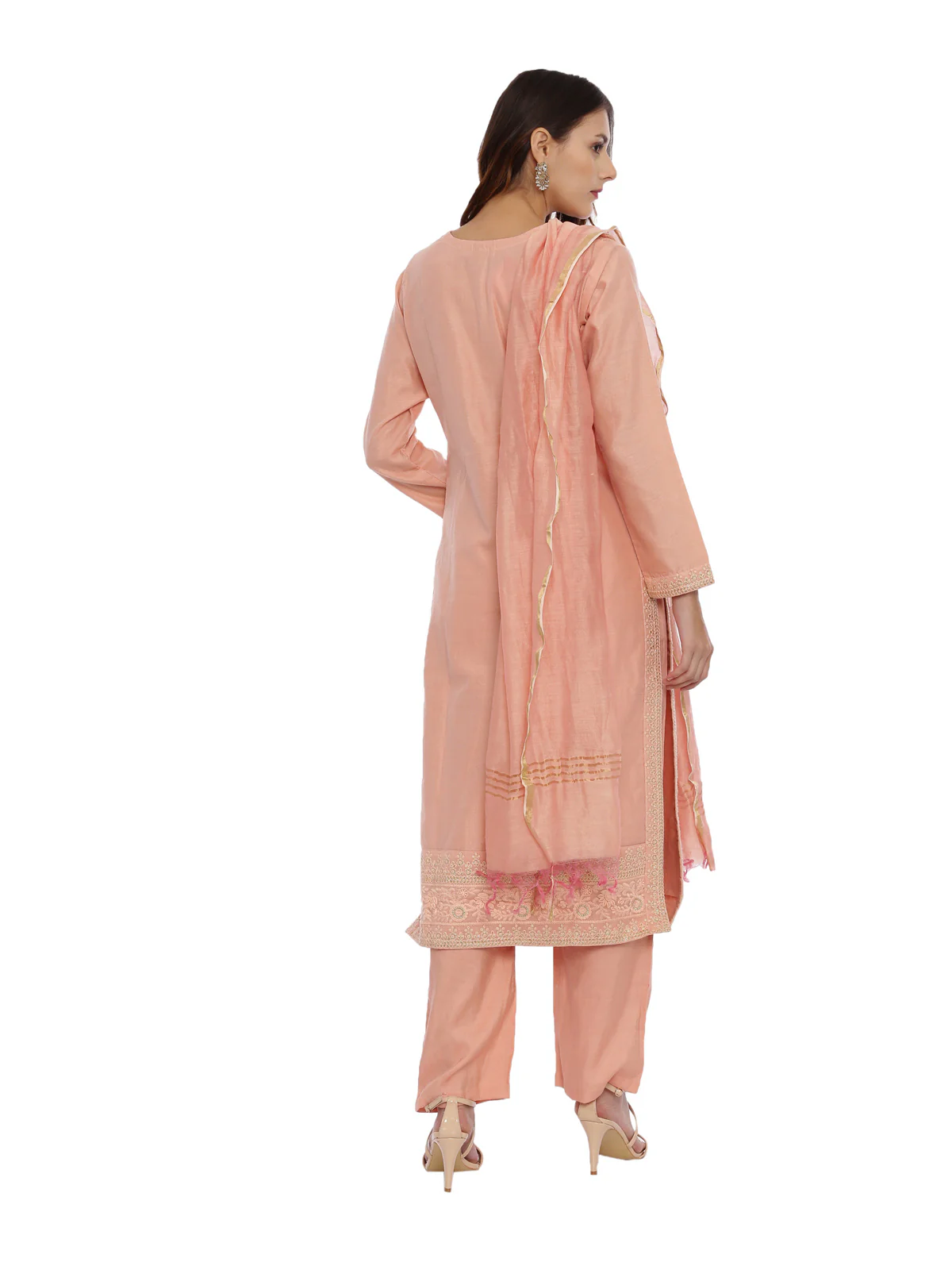 Neerus Peach Embroidered Kurta With Palazzo & Dupatta - Image 4