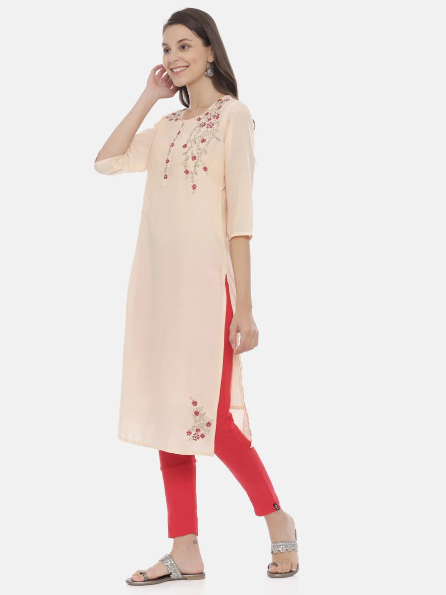 Neerus Peach Embroidered Straight Kurta - Image 3
