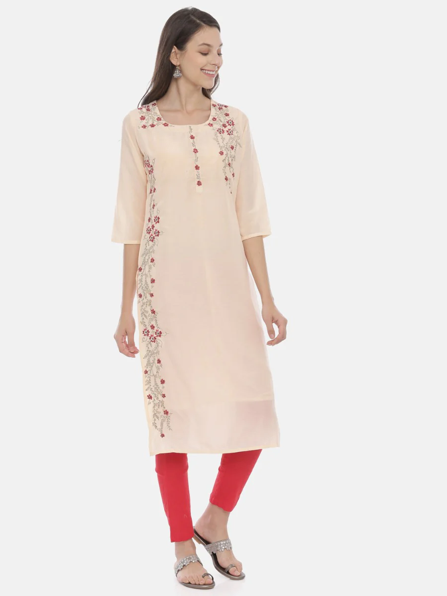 Neerus Peach Embroidered Straight Kurta - Image 4