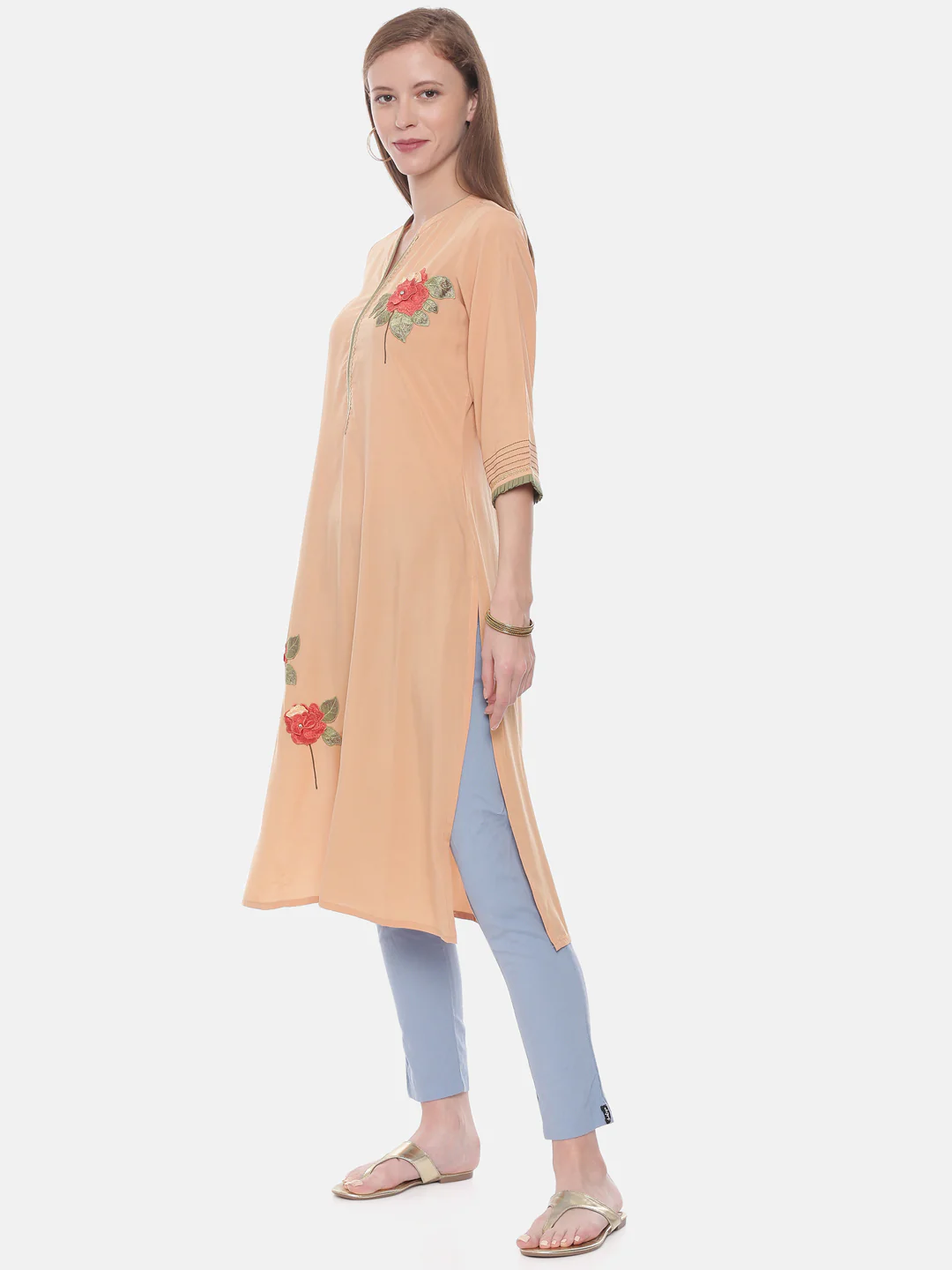 Neerus Peach Embroidered Straight Kurta - Image 3