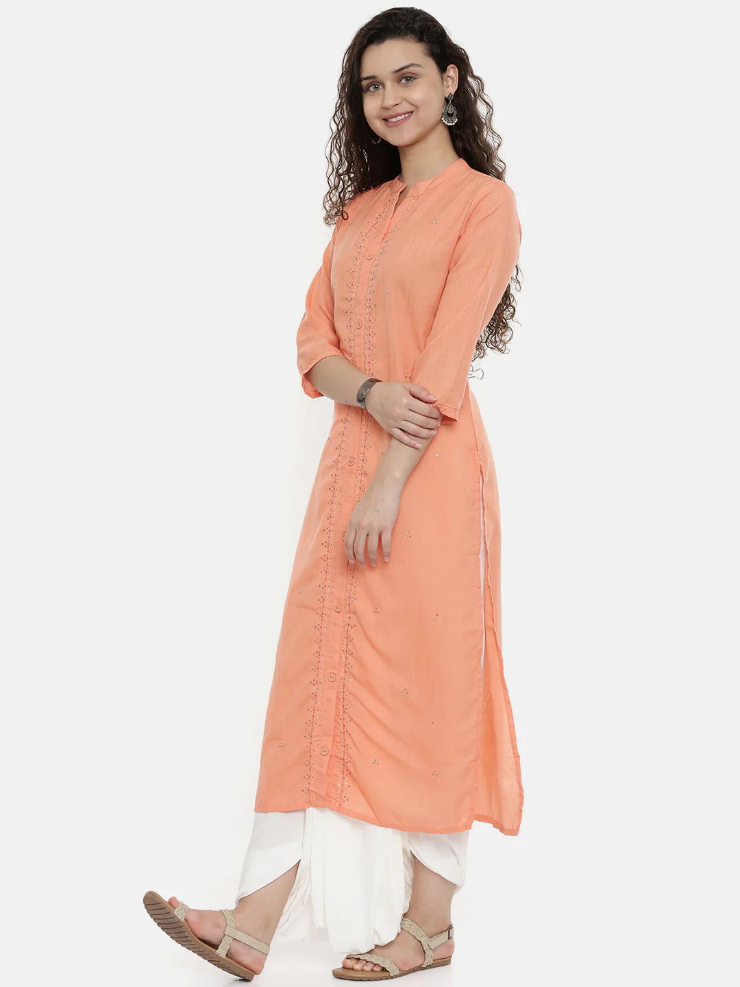 Neerus Peach Embroidered Straight Kurta - Image 4