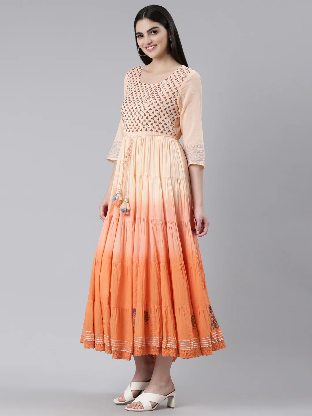 Neerus Peach Flared Casual Printed Dress - Image 2