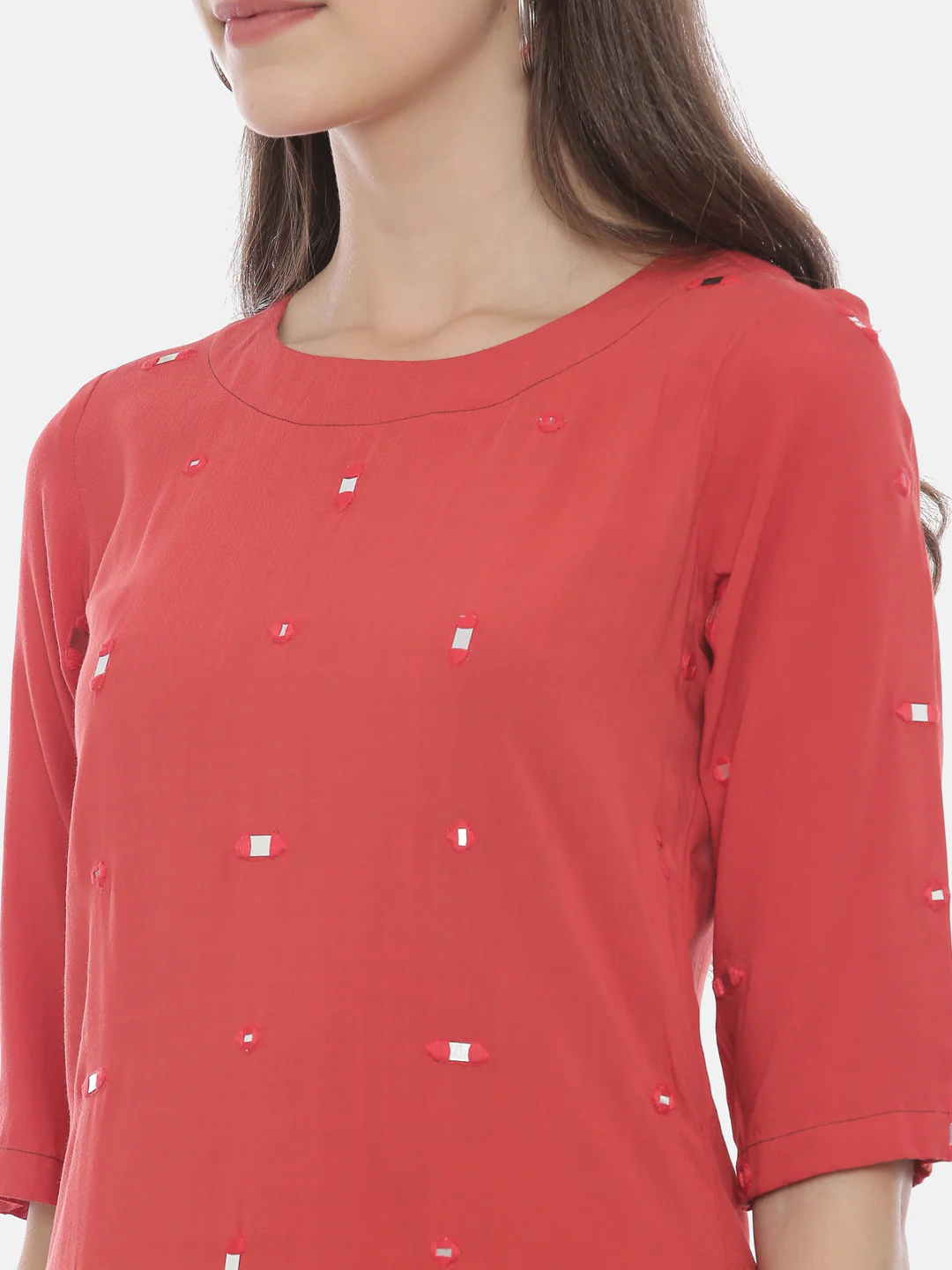 Neerus Peach & Grey Embellished Kurta Skirt Set - Image 2