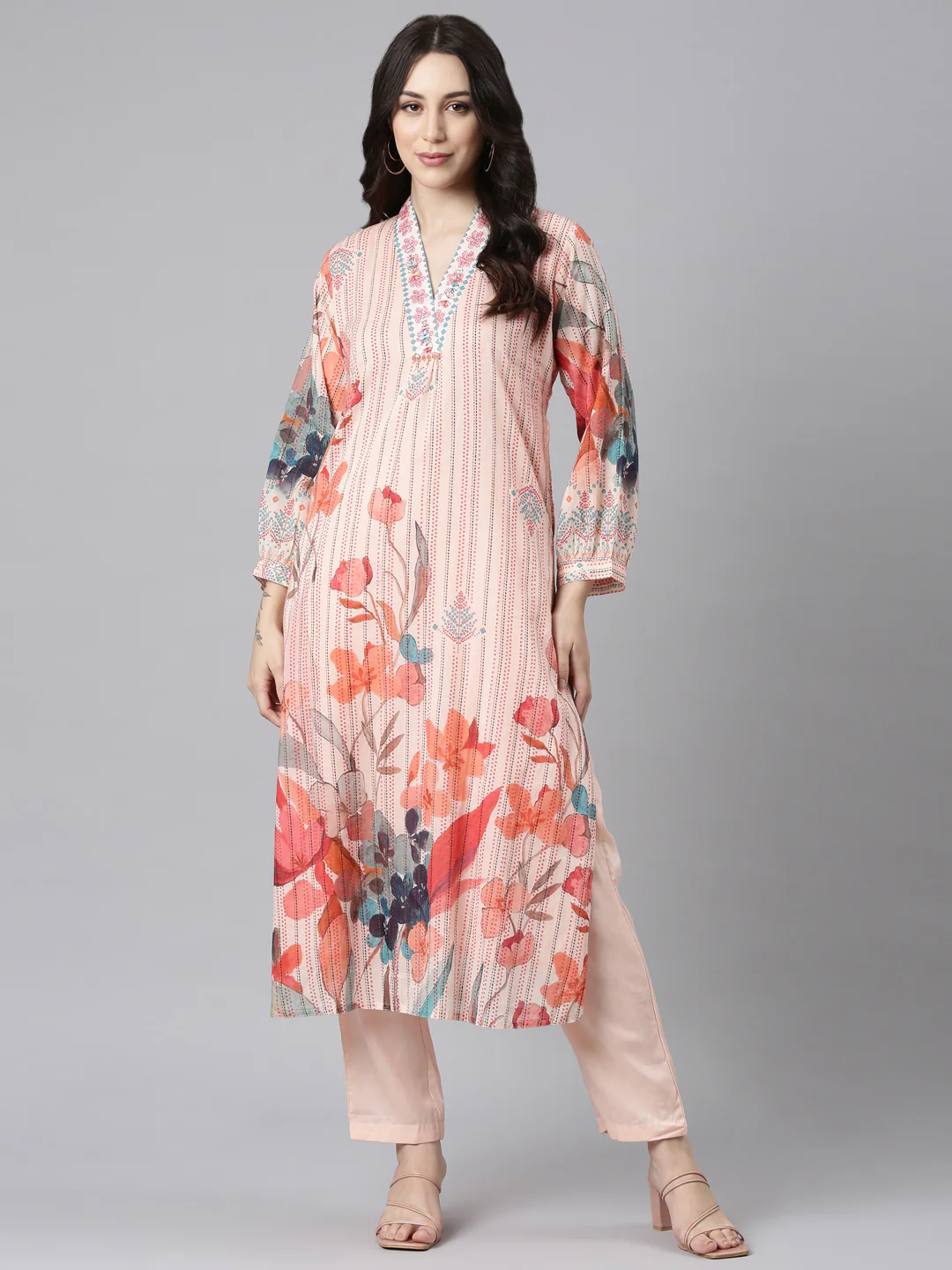 Neerus Peach Panelled Straight Kurta and Trousers - Image 5
