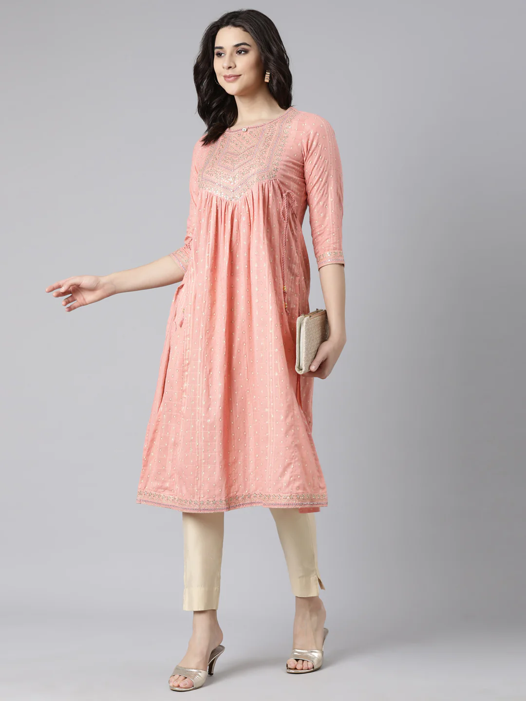 Neerus Peach Pleated Straight Bandhani Kurta - Image 4