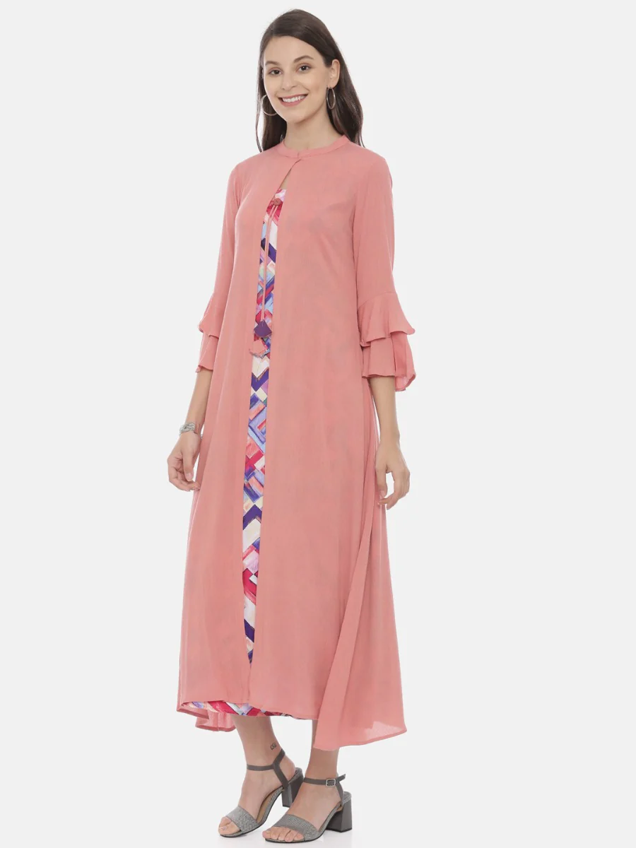 Neerus Peach Printed A Line Kurta - Image 4
