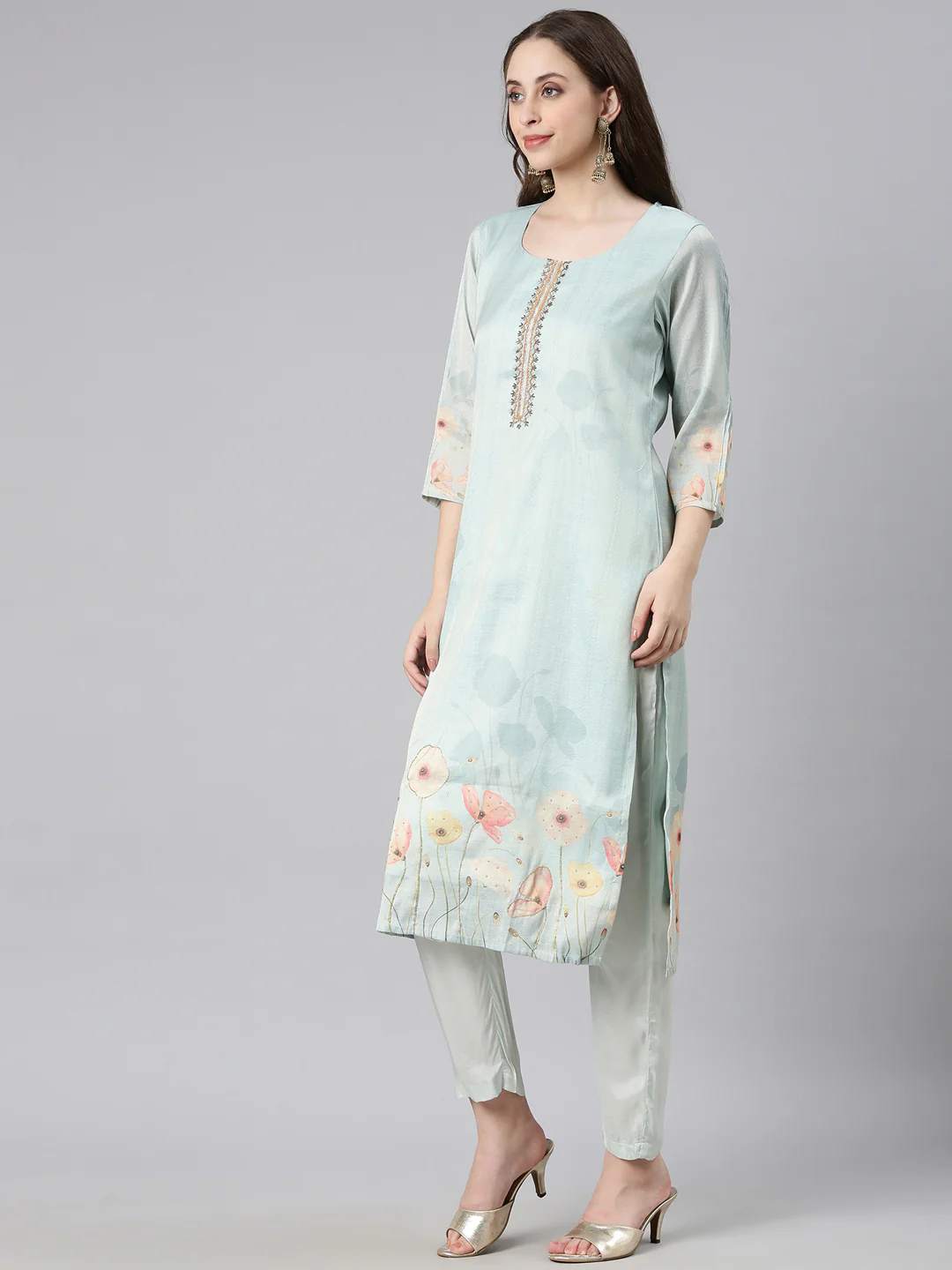 Neerus Mint Printed Straight Kurta and Trousers With Dupatta - Image 2