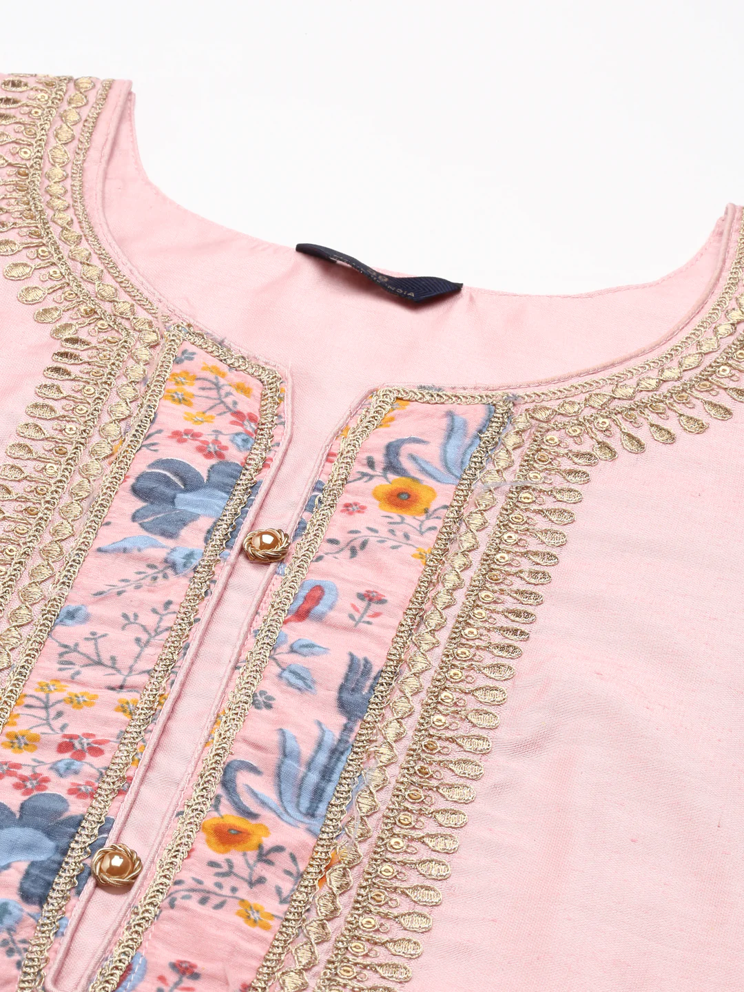 Neerus Peach Regular Knee Length Embroidered Kurta Solid Trousers With Dupatta - Image 6