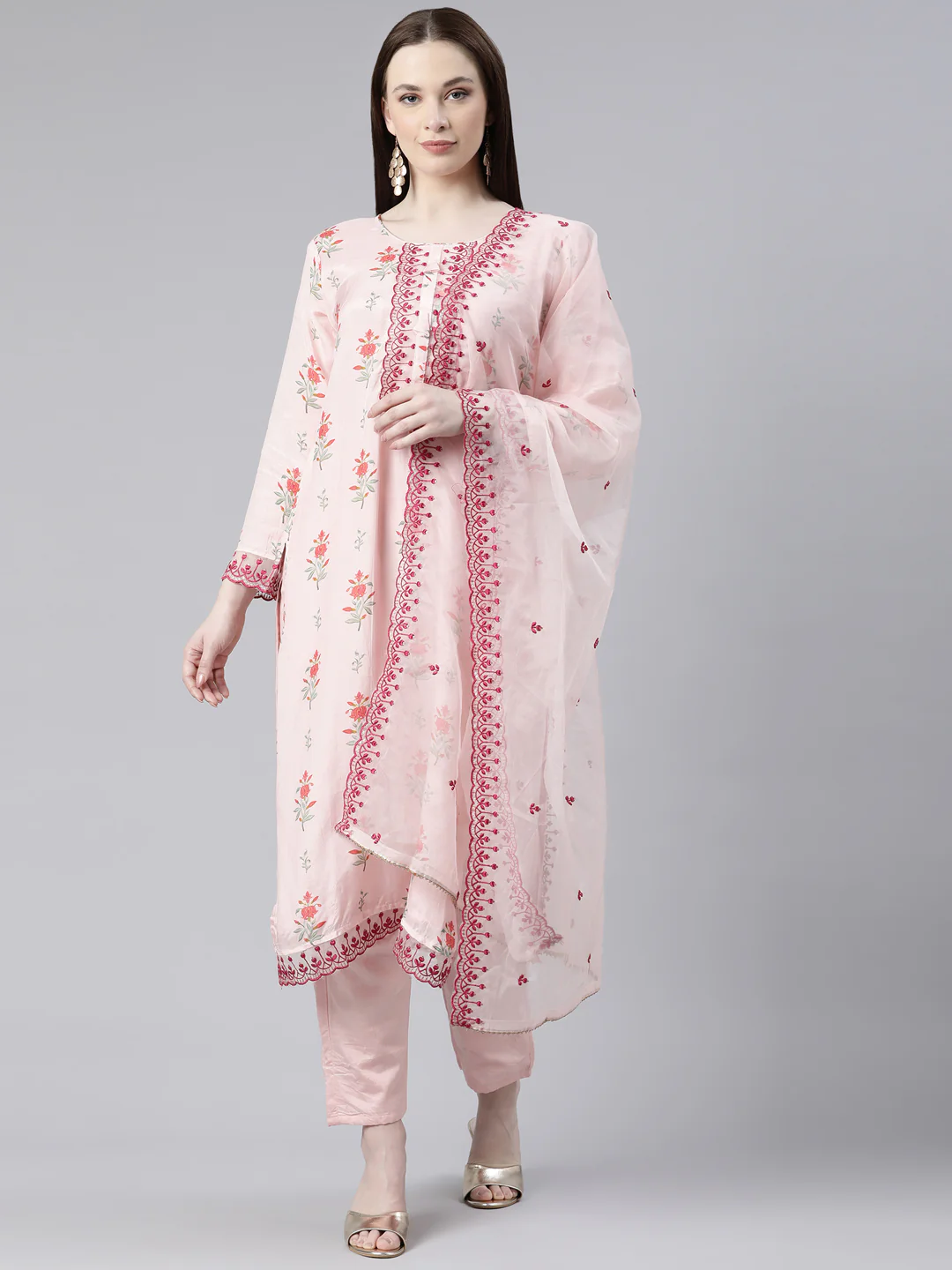 Neerus Peach Regular Knee Length Printed Kurta Embroidered Palazzos With Dupatta