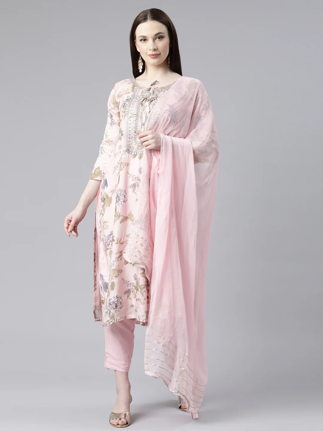 Neerus Peach Regular Knee Length Printed Kurta Solid Trousers With Dupatta