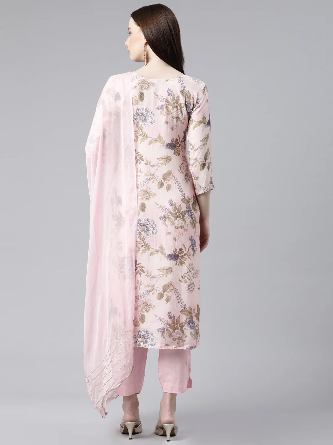 Neerus Peach Regular Knee Length Printed Kurta Solid Trousers With Dupatta - Image 3