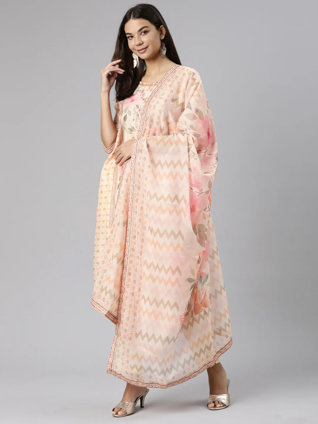 Neerus Peach Regular Straight Floral Kurta And Trousers With Dupatta - Image 5