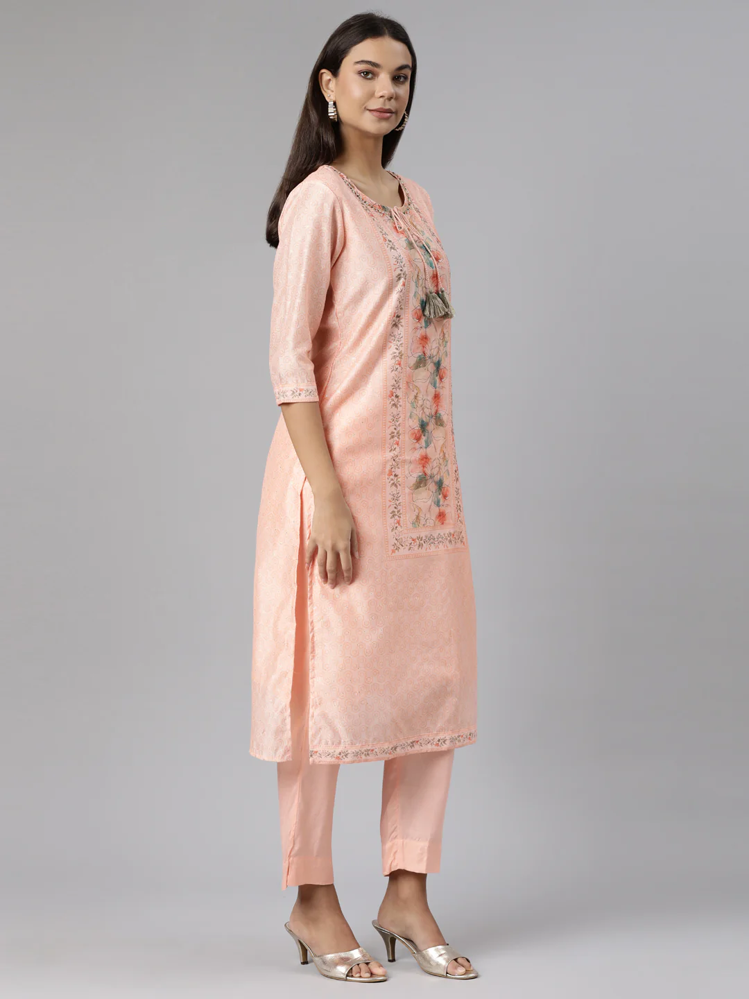 Neerus Peach Regular Straight Floral Kurta And Trousers With Dupatta - Image 2