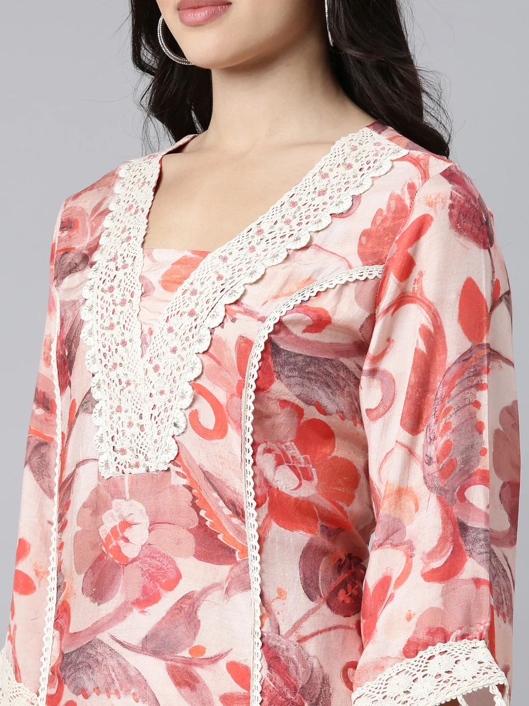 Neerus Peach Regular Straight Floral Kurta And Trousers With Dupatta - Image 4