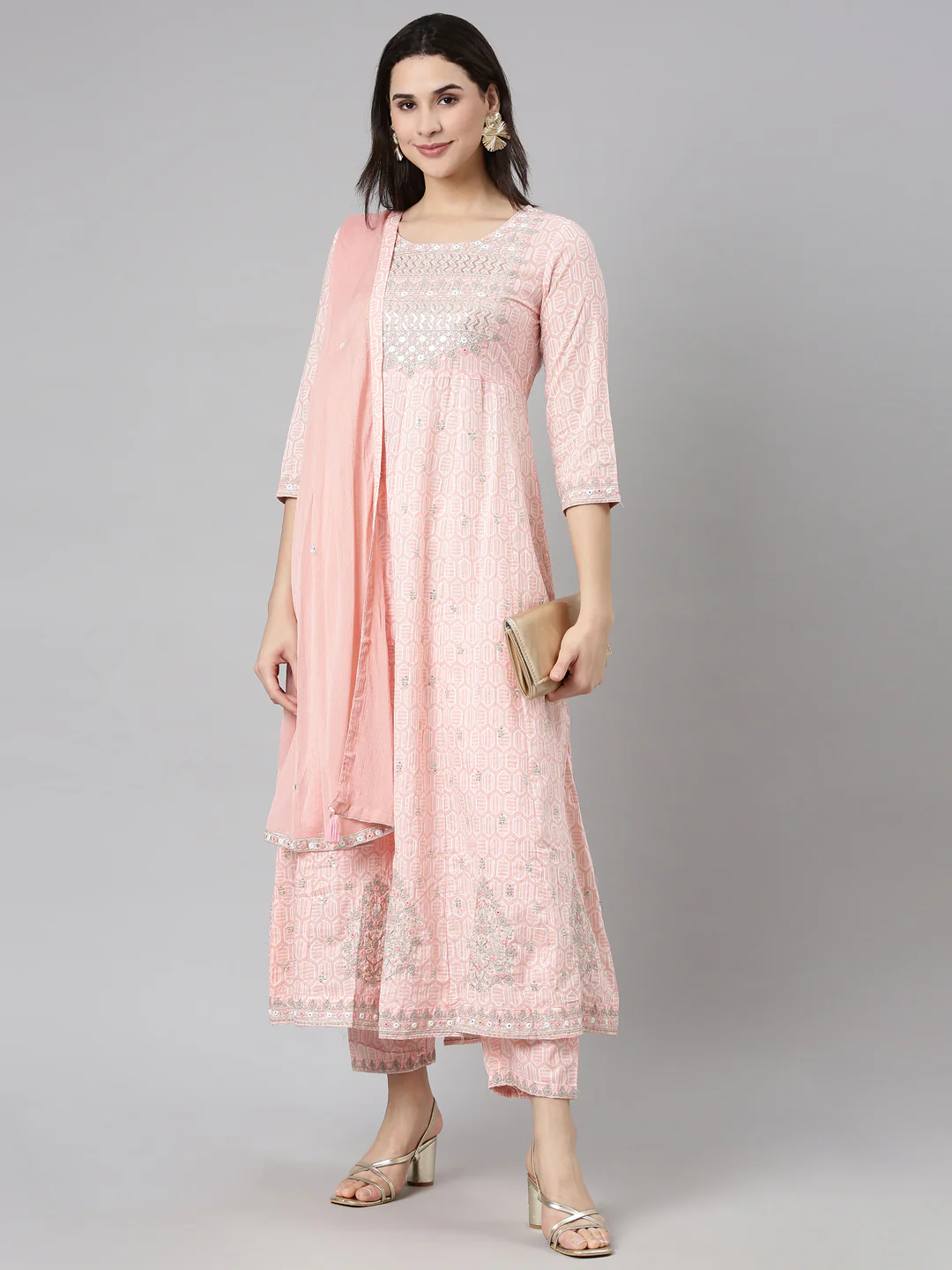 Neerus Peach Regular Straight Floral Kurta And Trousers With Dupatta - Image 5