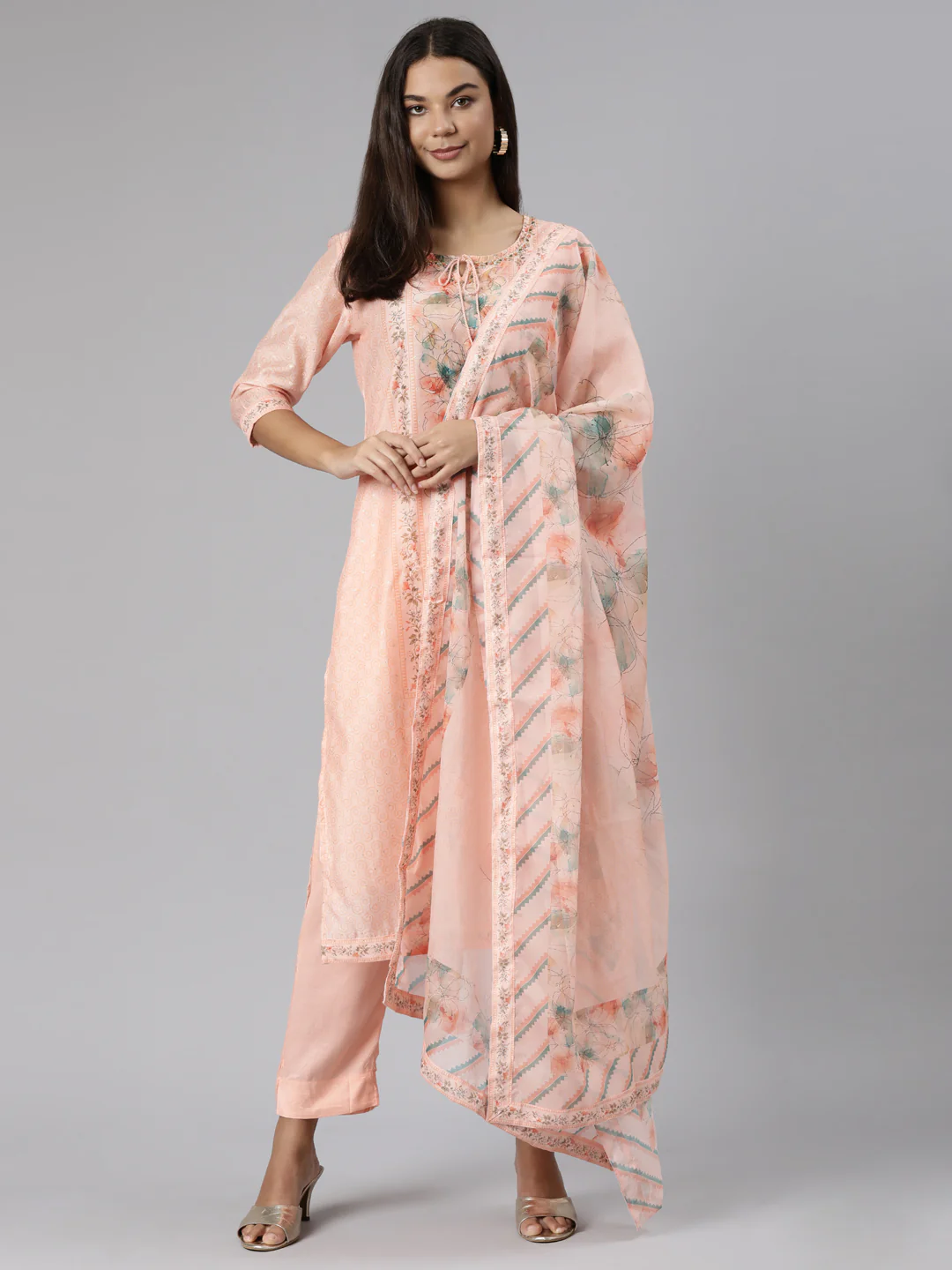 Neerus Peach Regular Straight Floral Kurta And Trousers With Dupatta - Image 5