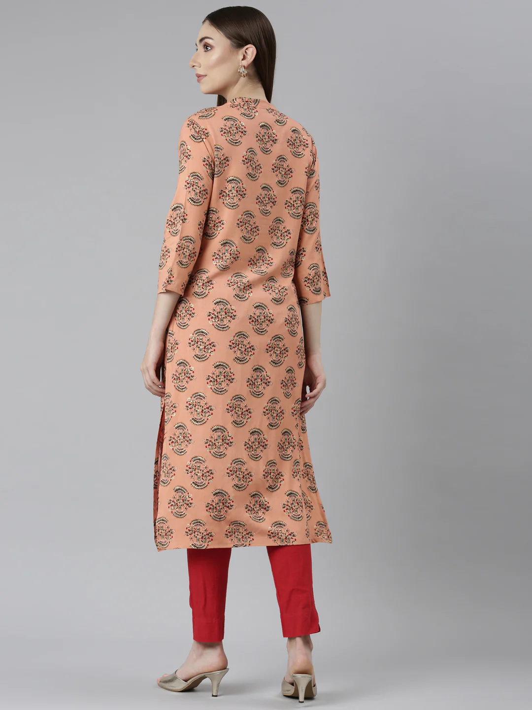 Neerus Peach Regular Straight Floral Kurta - Image 3