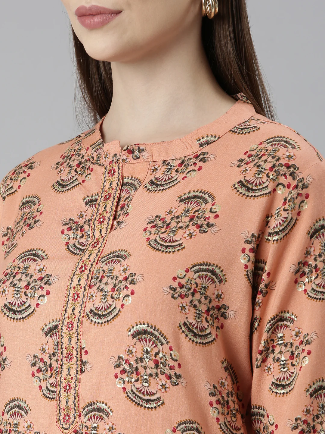 Neerus Peach Regular Straight Floral Kurta - Image 4