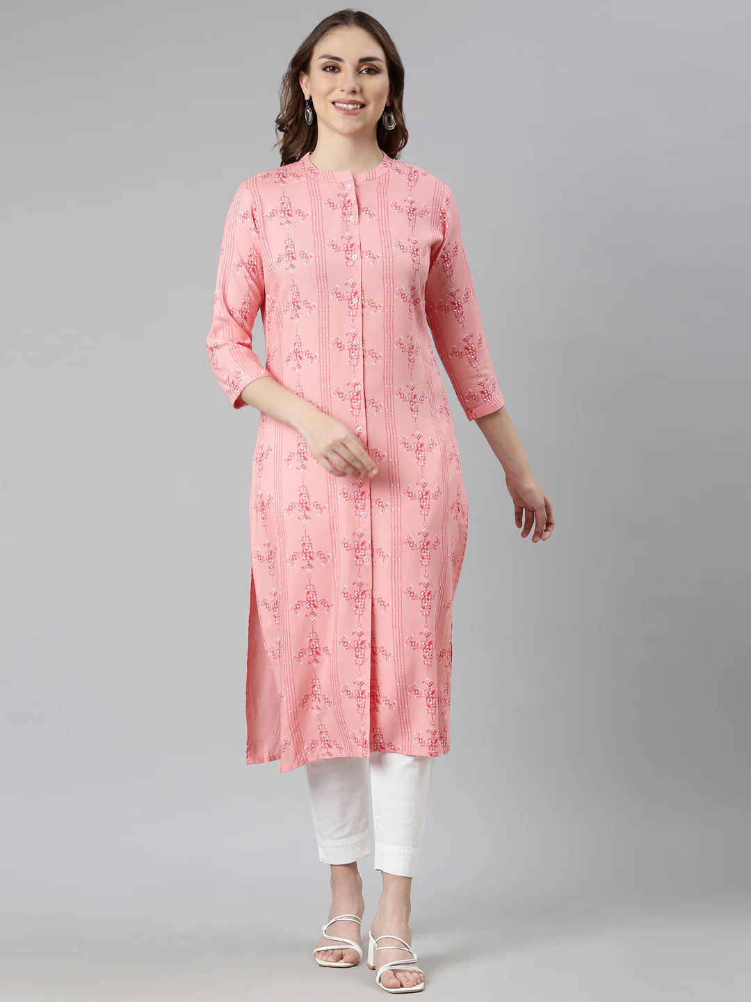 Neerus Peach Regular Straight Woven Design Kurta