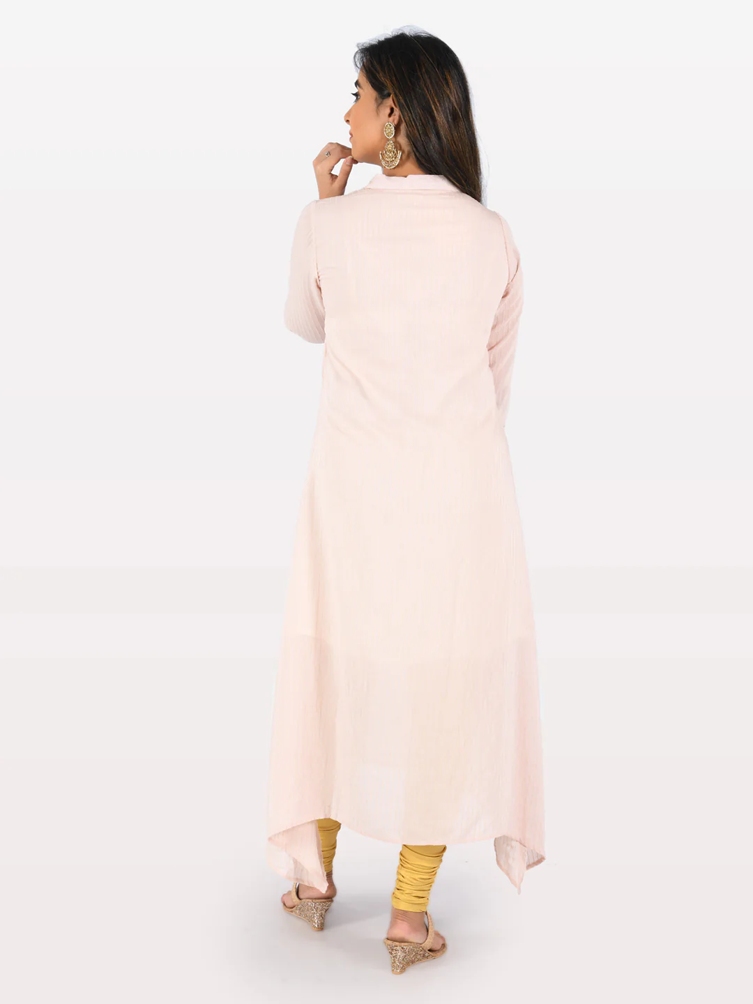 Neerus Peach Striped High Low Kurta - Image 3