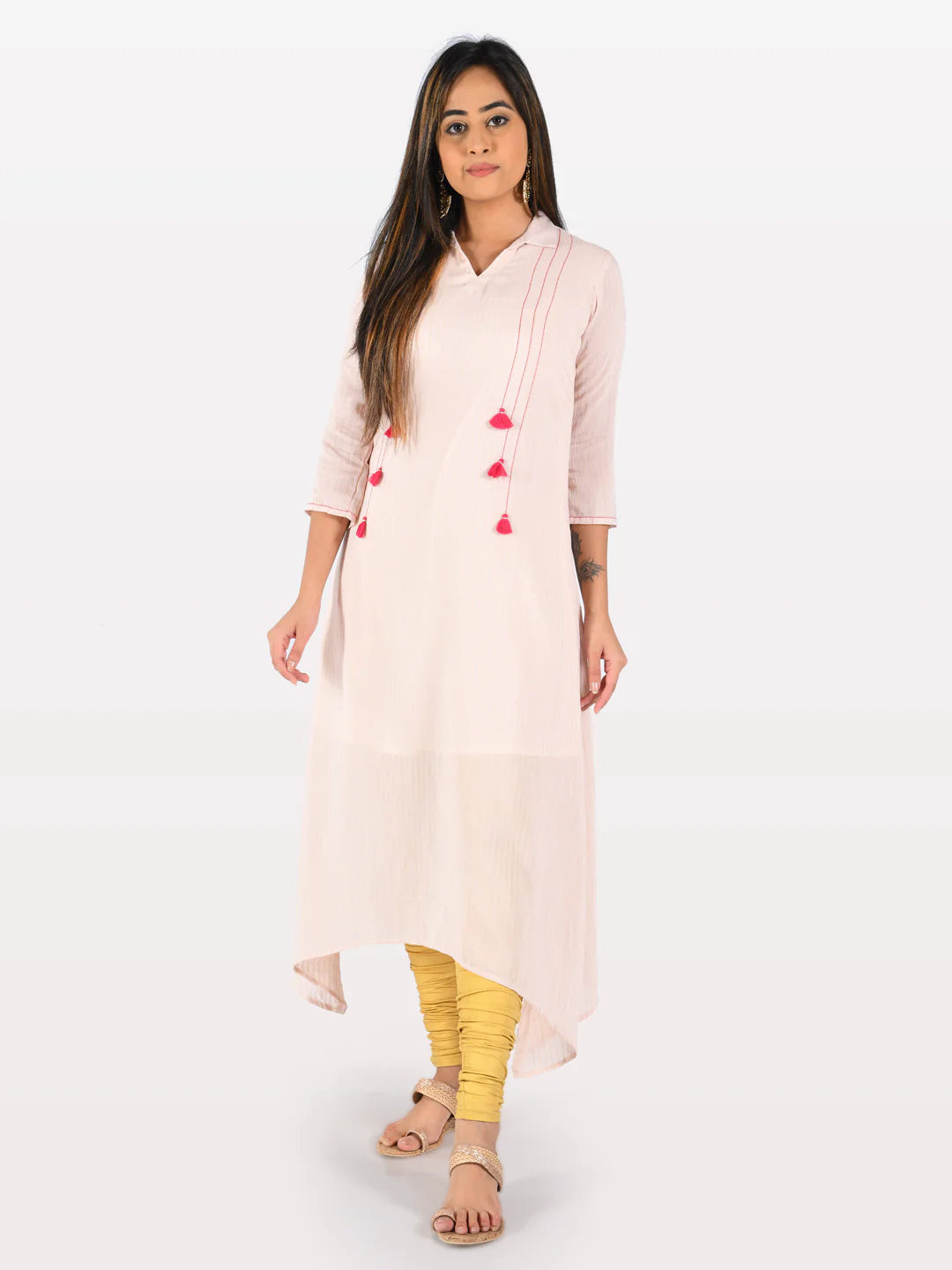 Neerus Peach Striped High Low Kurta - Image 5