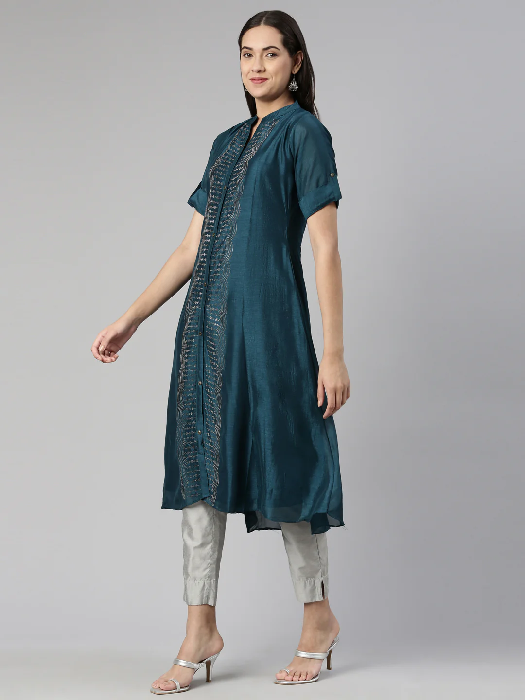 Neerus Peacock Anarkali Straight Crepe Kurta - Image 2