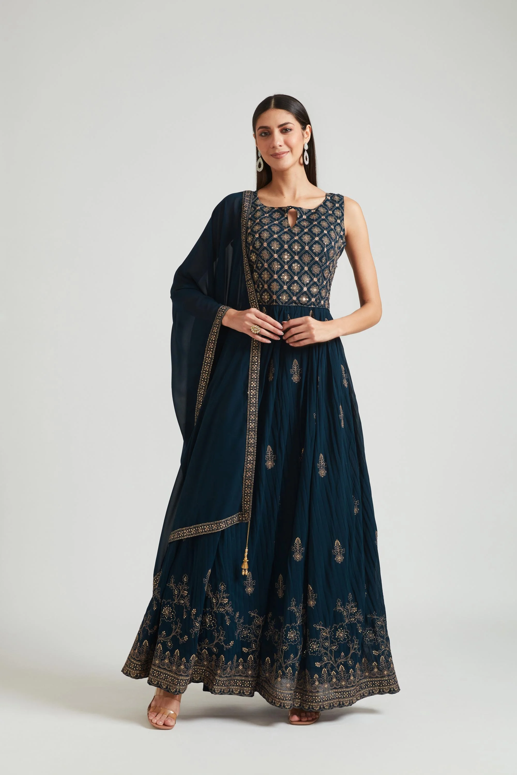 Neerus Peacock Color Georgette Fabric Gown
