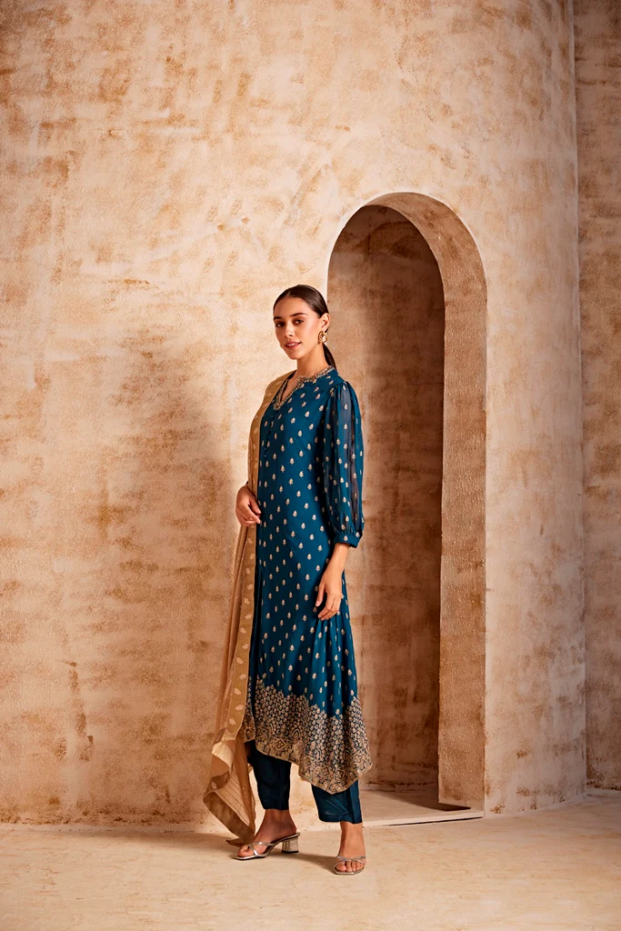 Neerus Peacock Color Georgette Fabric Kurta Set - Image 2