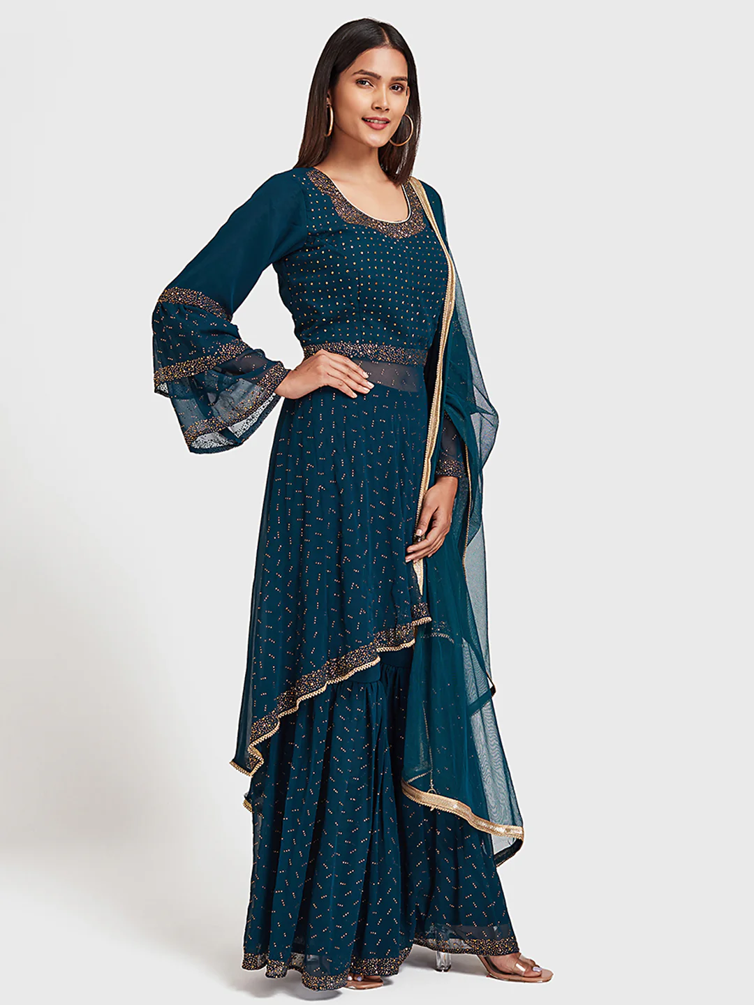 Neerus Peacock Color Georgette Fabric Suit-Gharara - Image 2