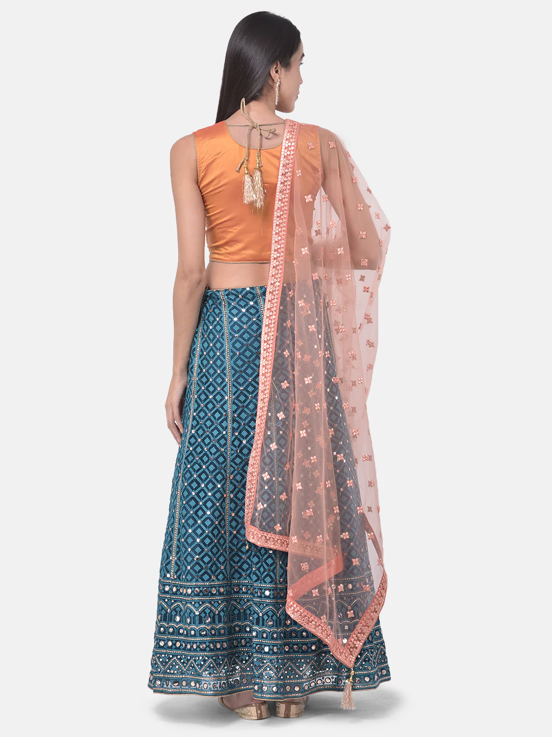 Neerus Peacock Color Nett Fabric Ghagra Set - Image 3