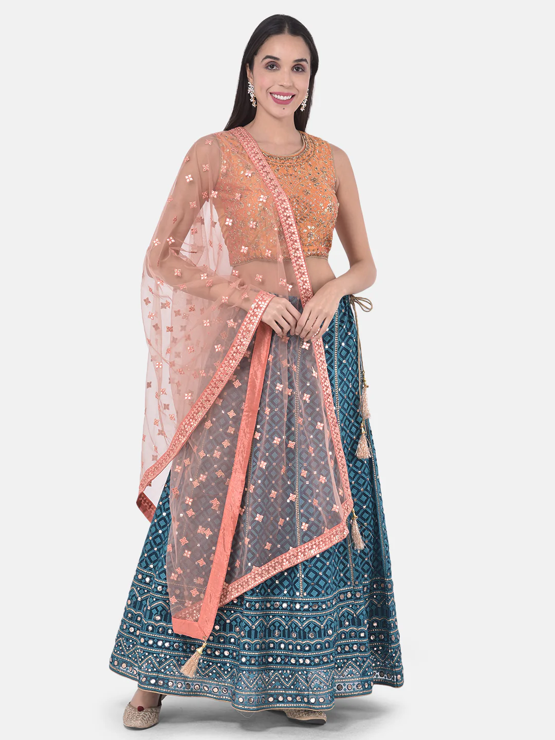 Neerus Peacock Color Nett Fabric Ghagra Set - Image 9