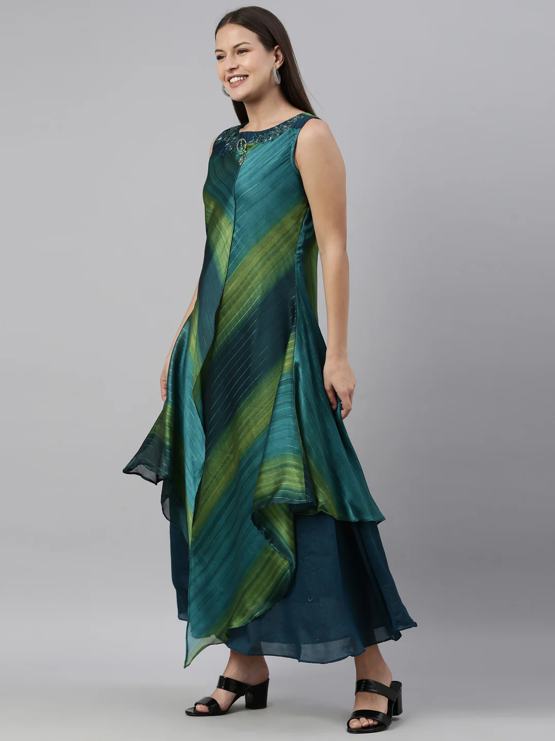 Neerus Peacock Color Silk Fabric Kurta - Image 3