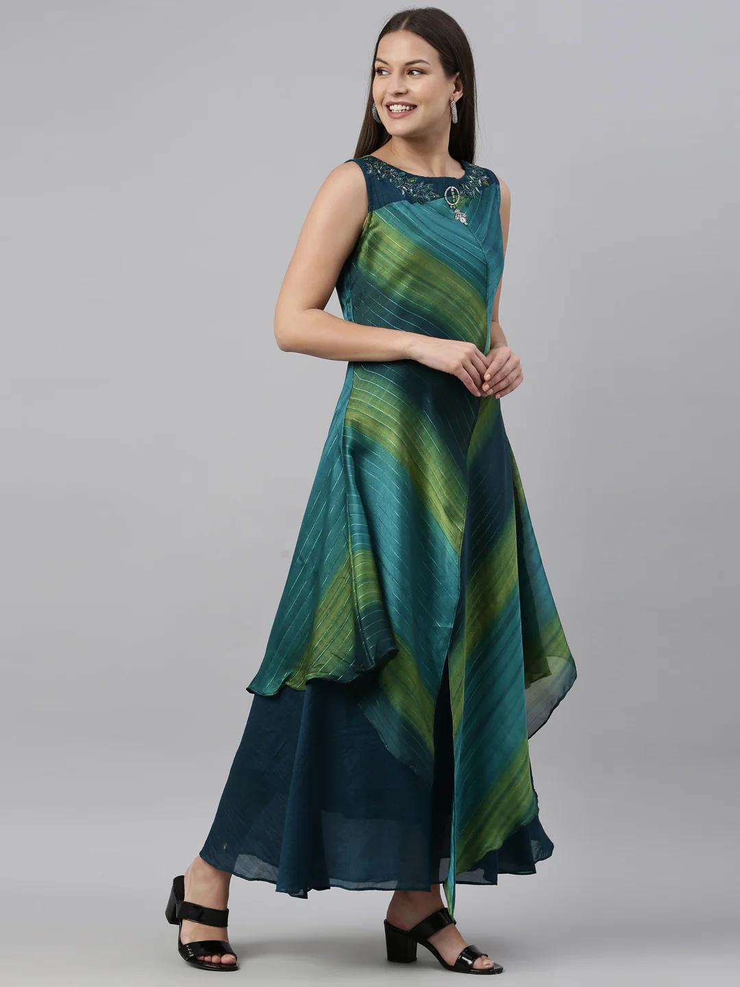 Neerus Peacock Color Silk Fabric Kurta - Image 4