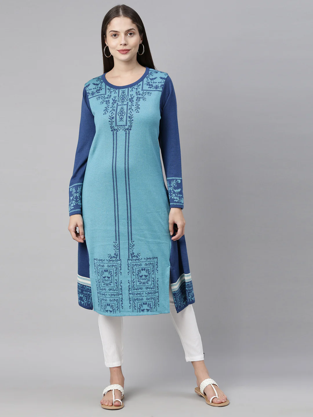 Neerus Peacock Color Undefined Fabric Kurtha Winter Wear