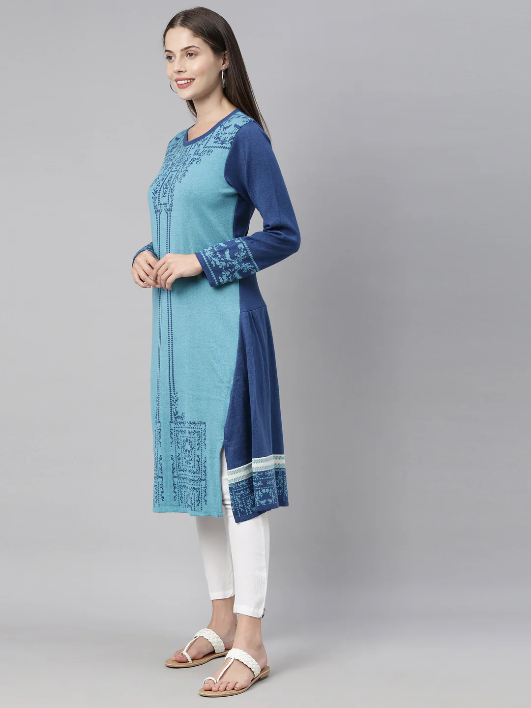 Neerus Peacock Color Undefined Fabric Kurtha Winter Wear - Image 5