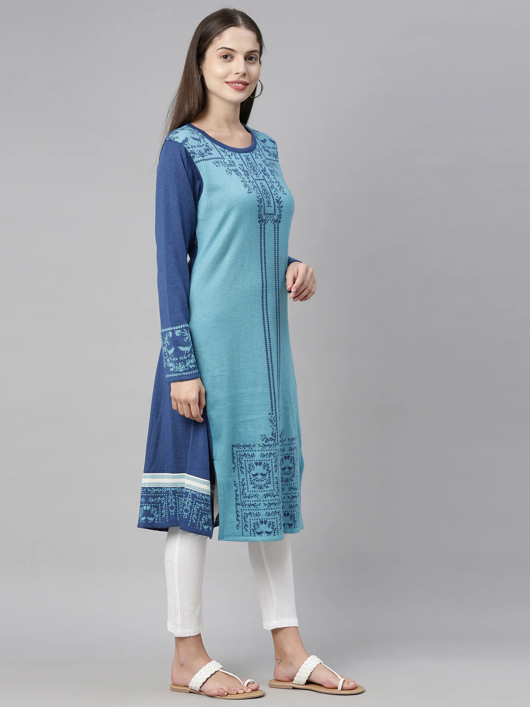 Neerus Peacock Color Undefined Fabric Kurtha Winter Wear - Image 6