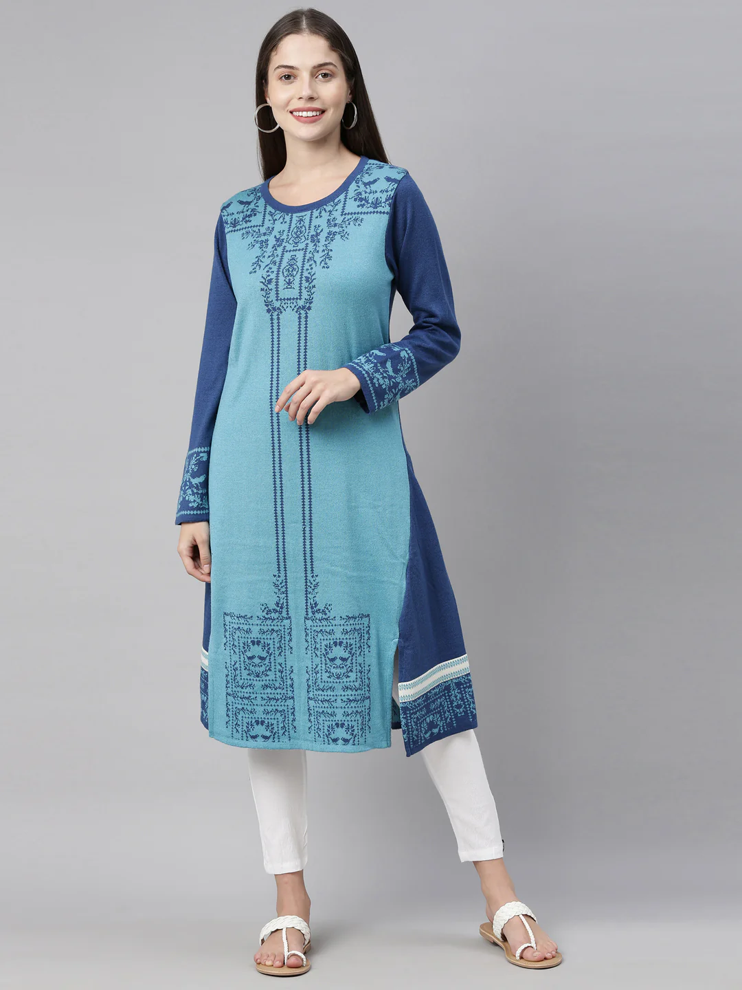 Neerus Peacock Color Undefined Fabric Kurtha Winter Wear - Image 8