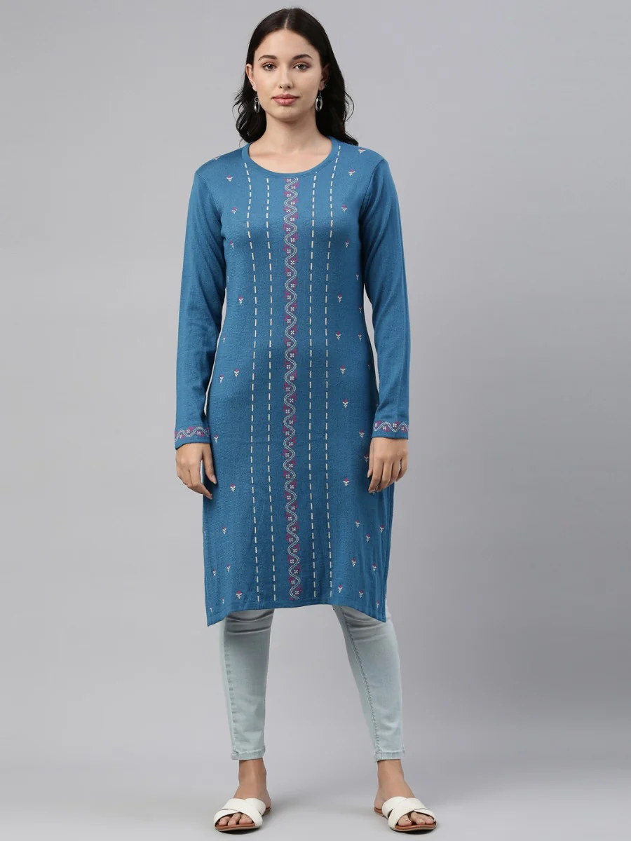 Neerus Peacock Color Winter Wear Kurtha - Image 4