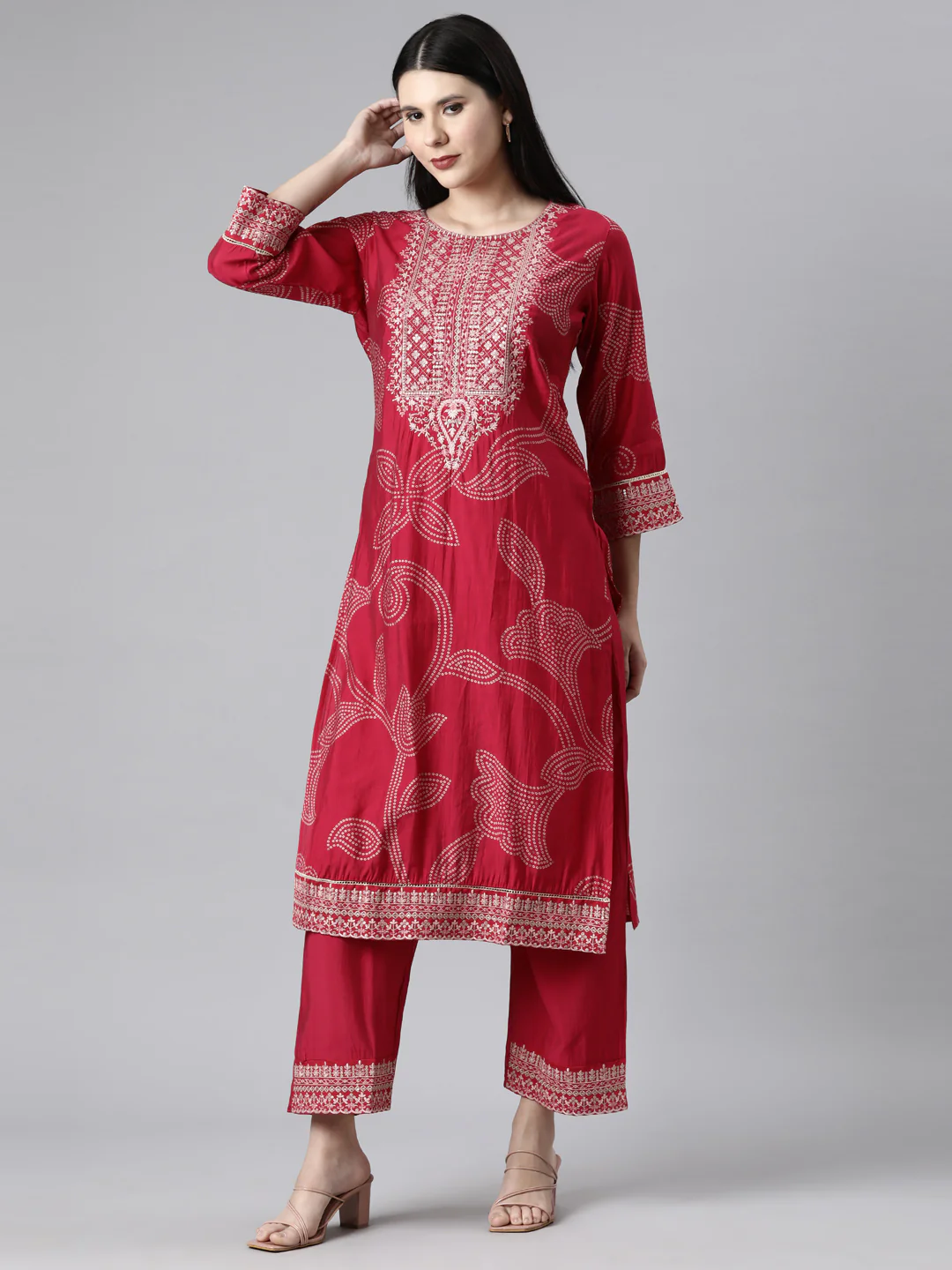 Neerus Pink Casual Bandhani Straight Kurta and Trousers With Dupatta - Image 2