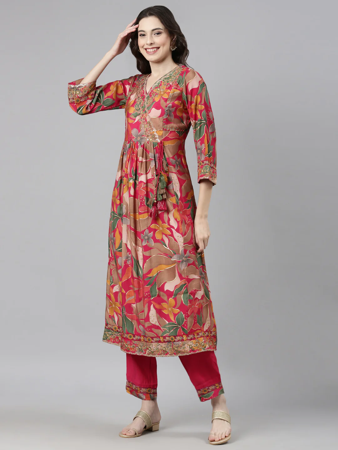 Neerus Pink Casual Floral Anarkali Kurta and Trousers With Dupatta - Image 2