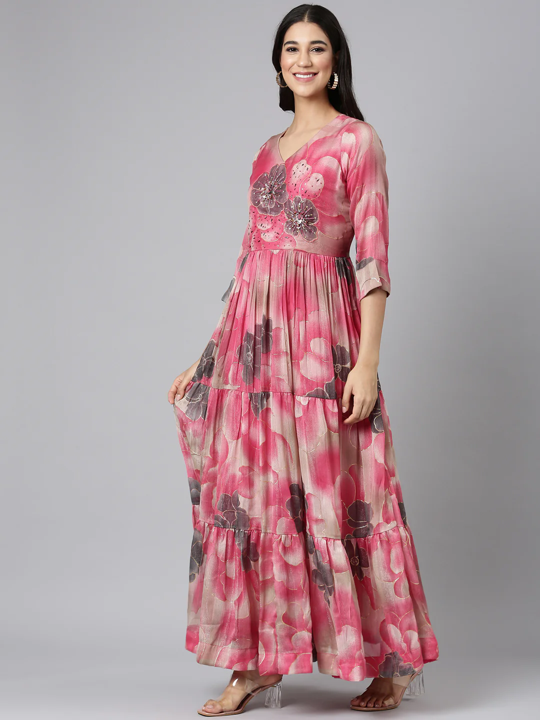 Neerus Pink Casual Floral Maxi Dresses - Image 2