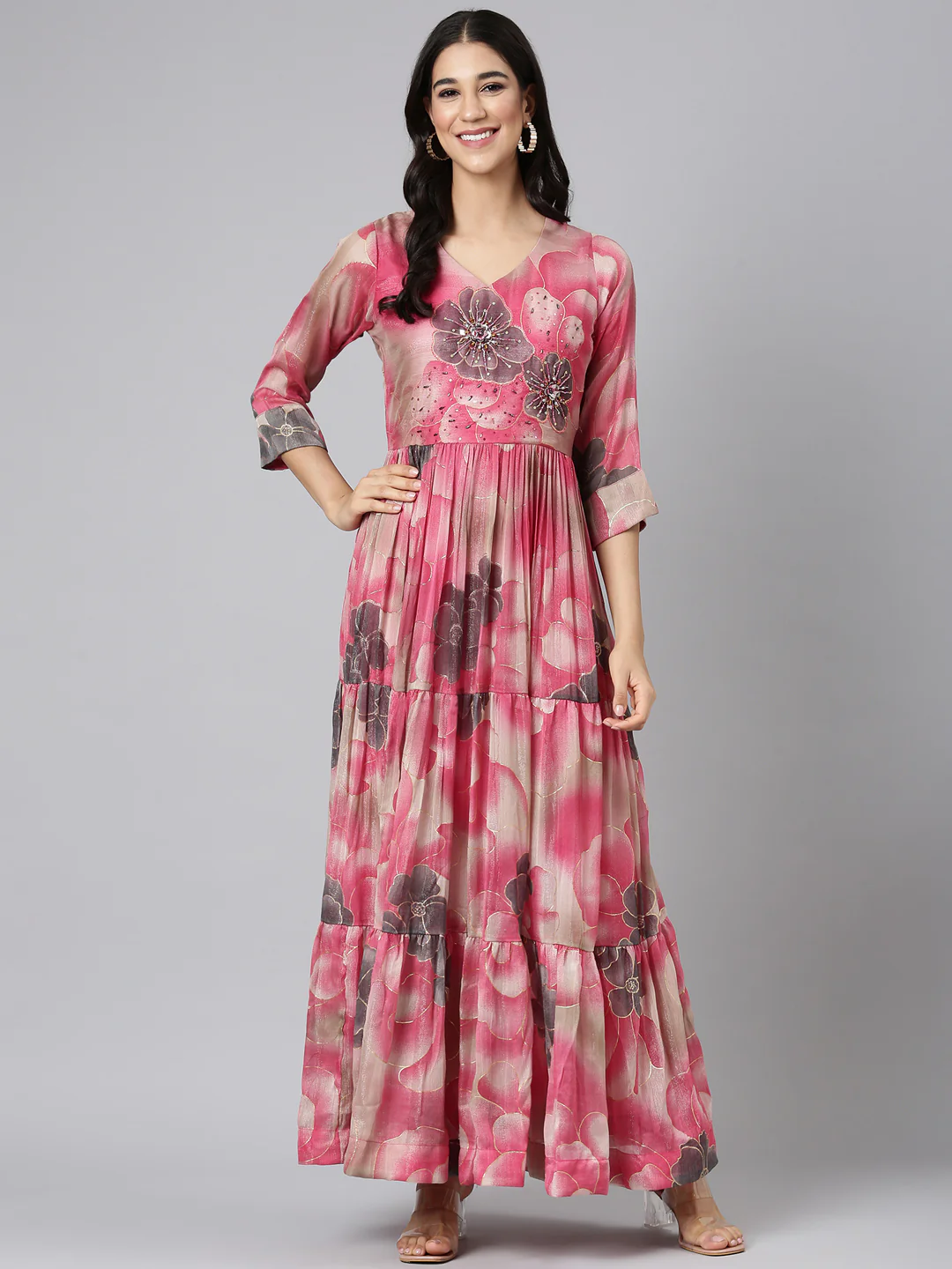 Neerus Pink Casual Floral Maxi Dresses - Image 5