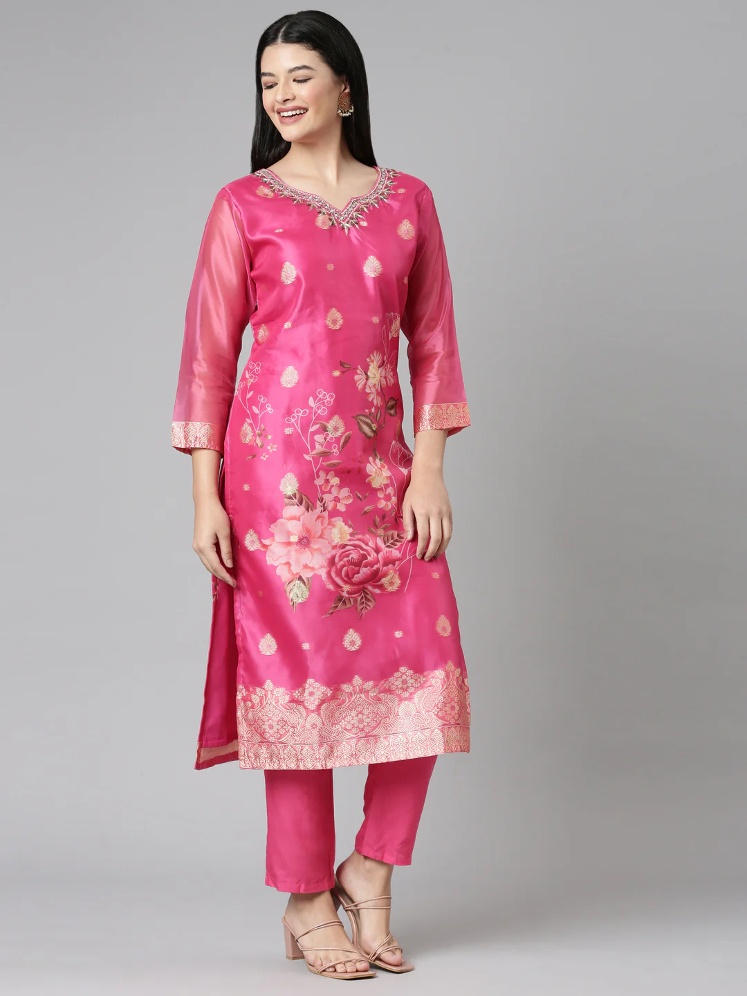Neerus Pink Casual Floral Straight Kurta and Trousers With Dupatta - Image 3