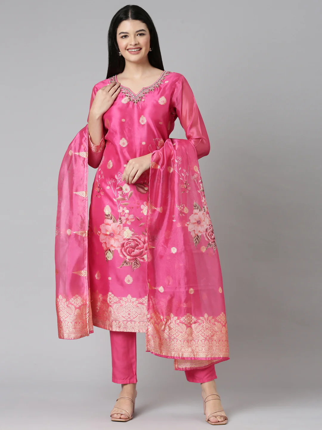 Neerus Pink Casual Floral Straight Kurta and Trousers With Dupatta - Image 6